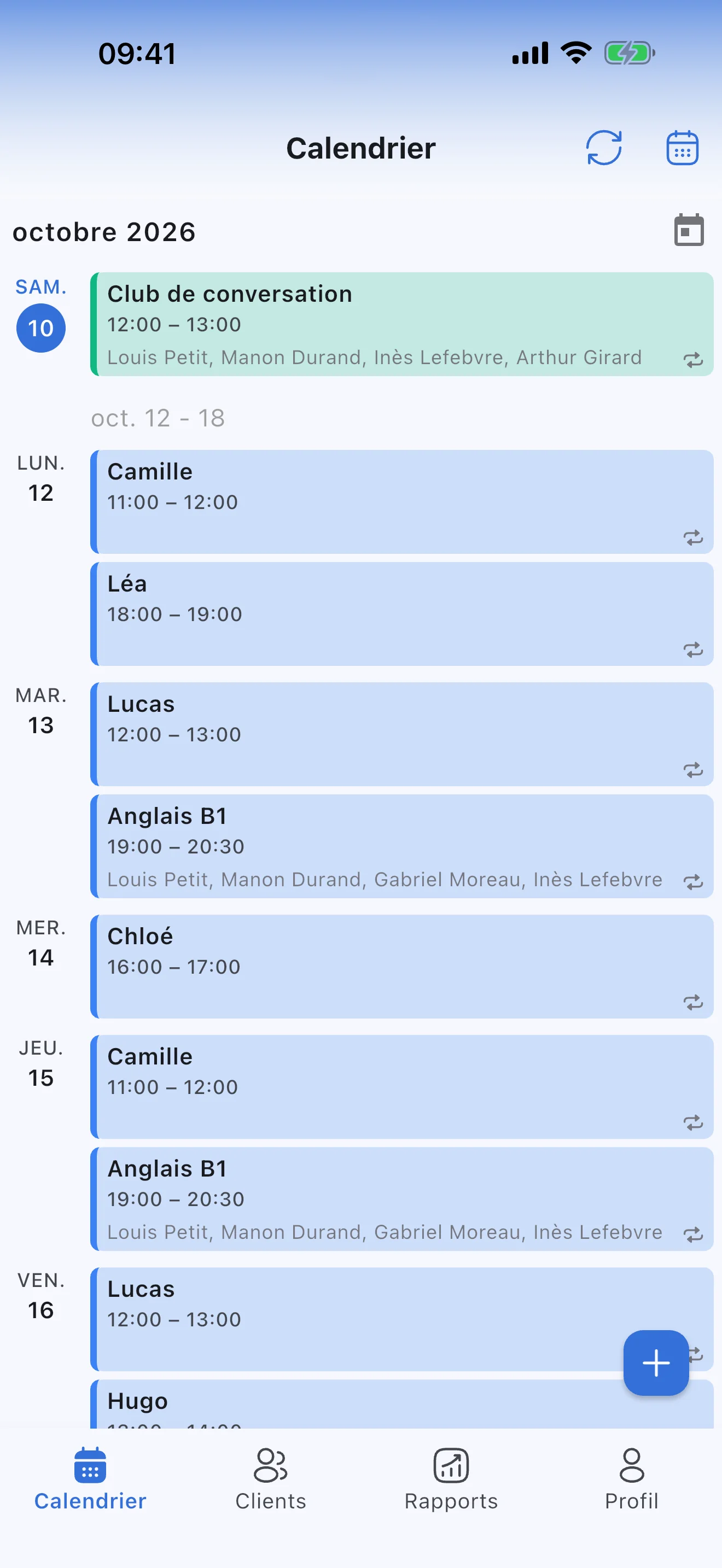 Le planning hebdomadaire d'un professeur particulier dans Syncoly