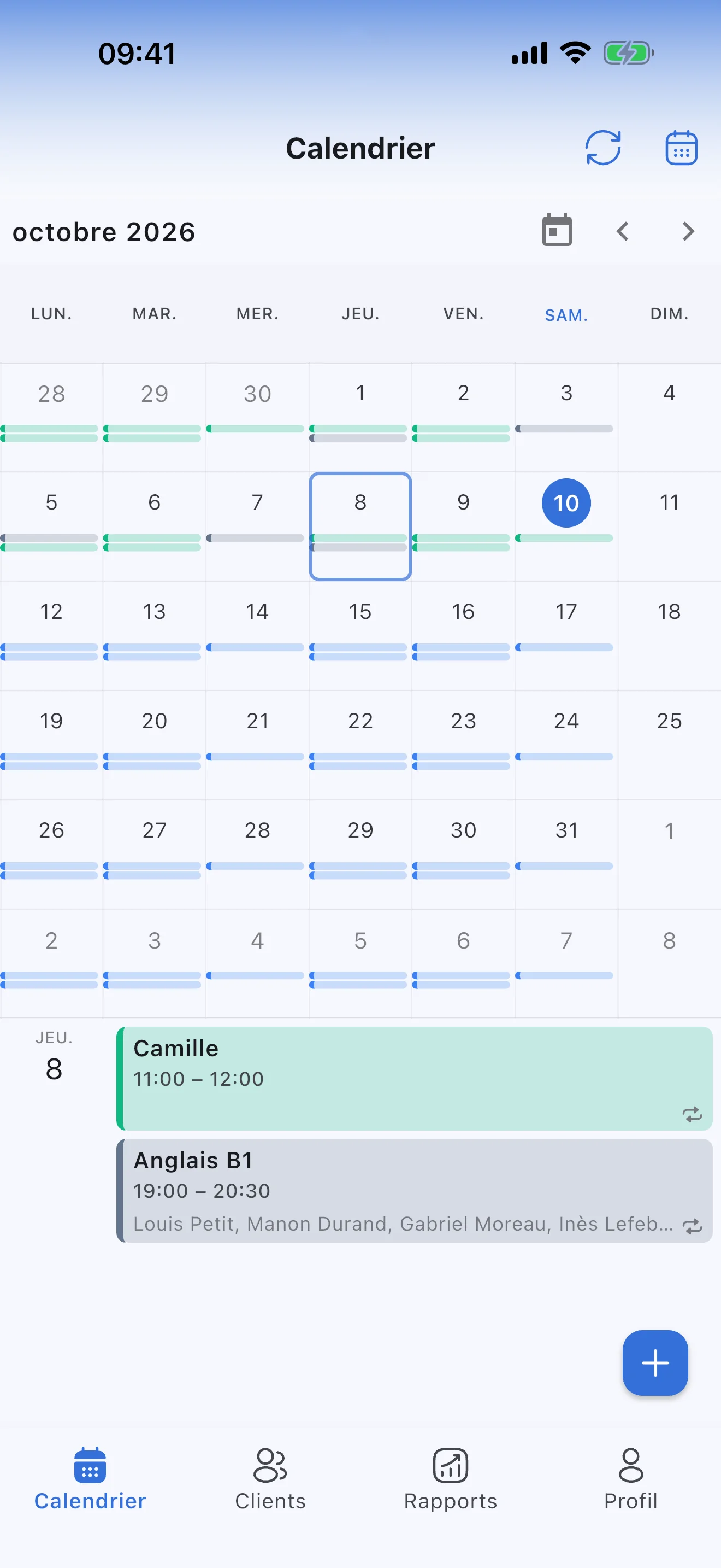 Le calendrier mensuel d'un professeur particulier dans Syncoly : un cours collectif qui se répète chaque semaine