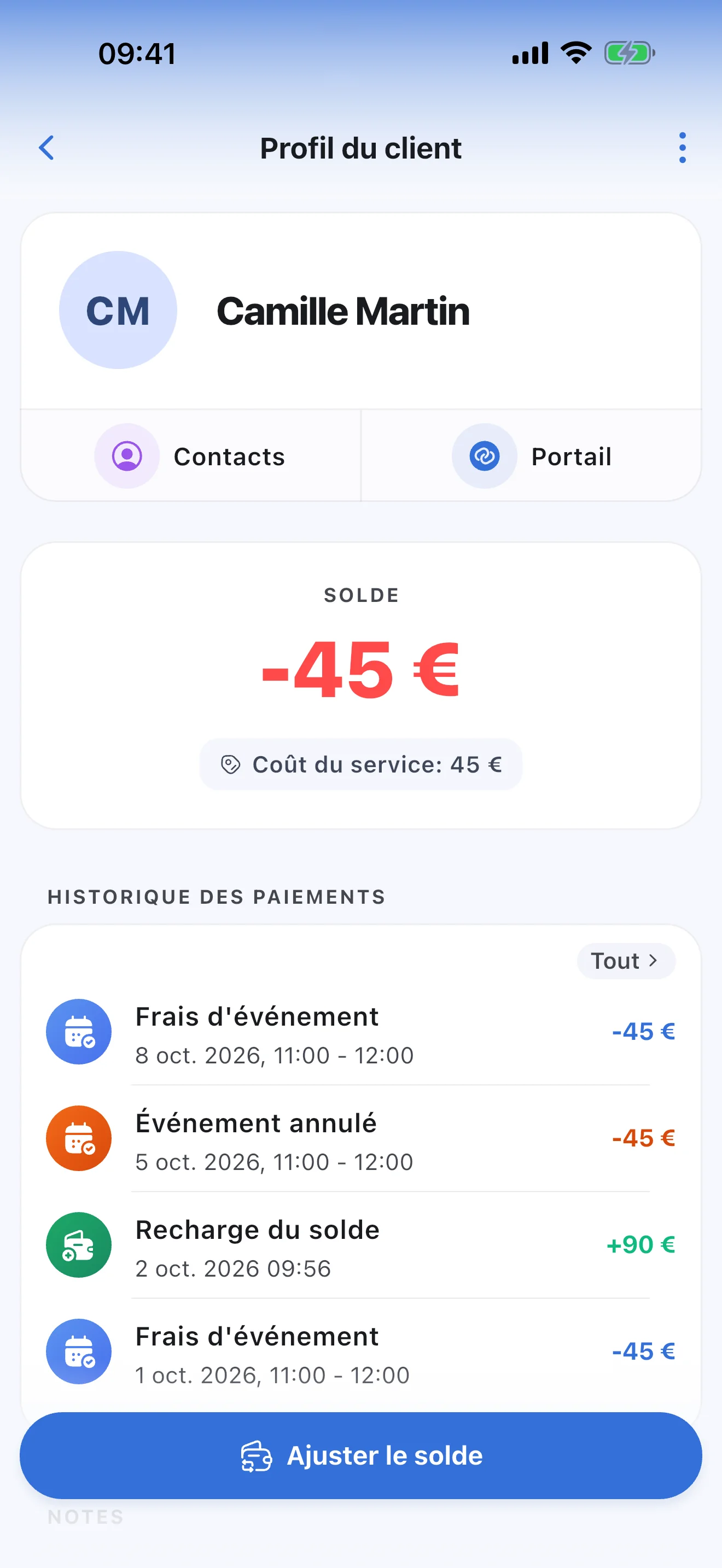 Le profil d'un élève dans Syncoly : solde, tarif du cours et historique des paiements
