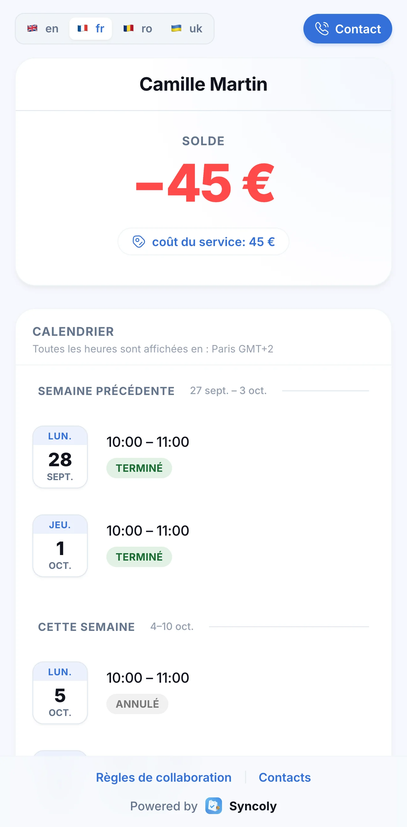 Le solde de l'élève sur le portail