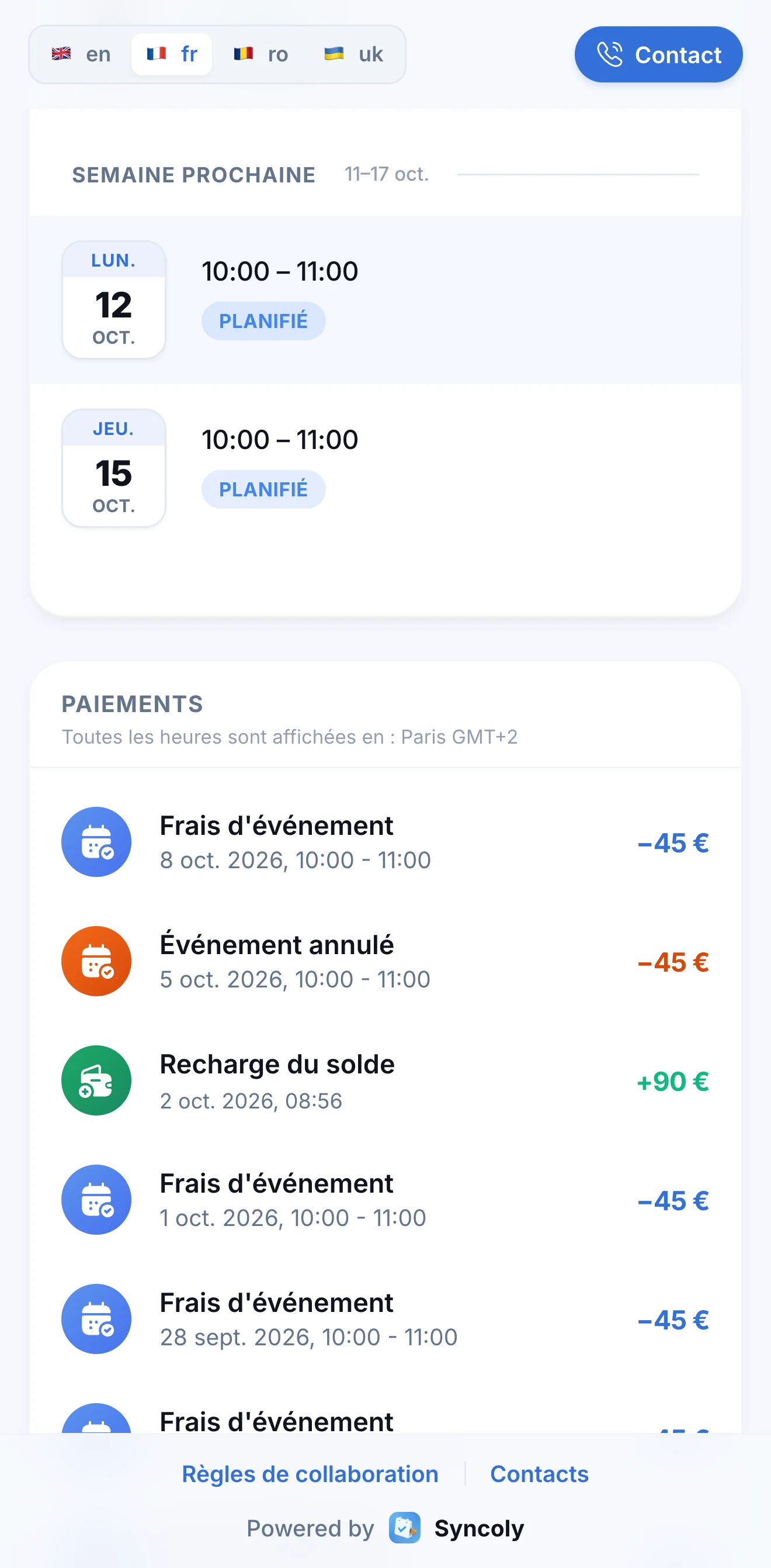 Historique des paiements sur le portail : débits des cours et recharge du solde