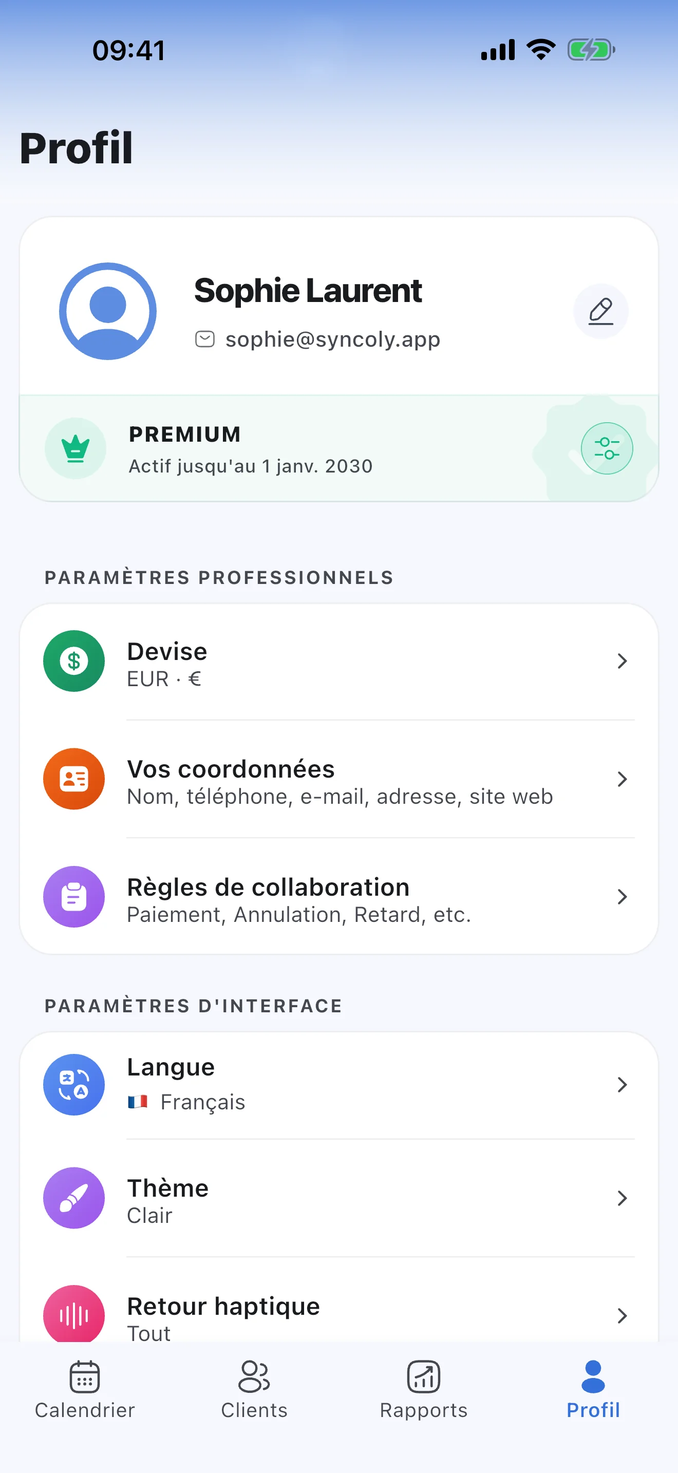 Les réglages professionnels de Syncoly : coordonnées et règles de collaboration