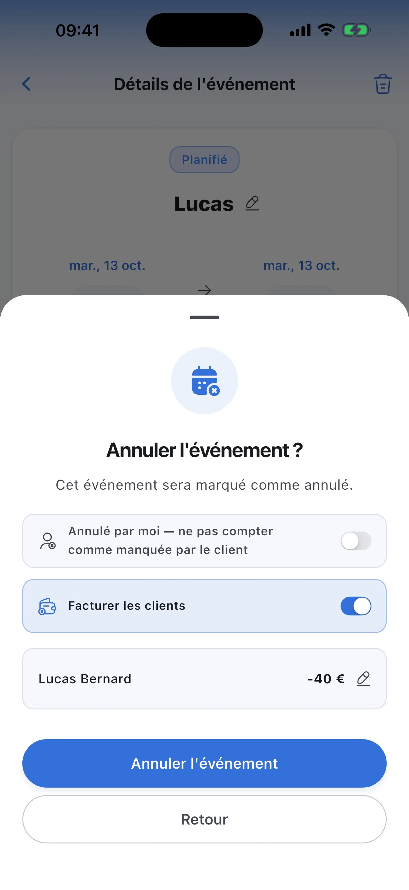 Annuler un cours dans Syncoly : facturer une annulation tardive