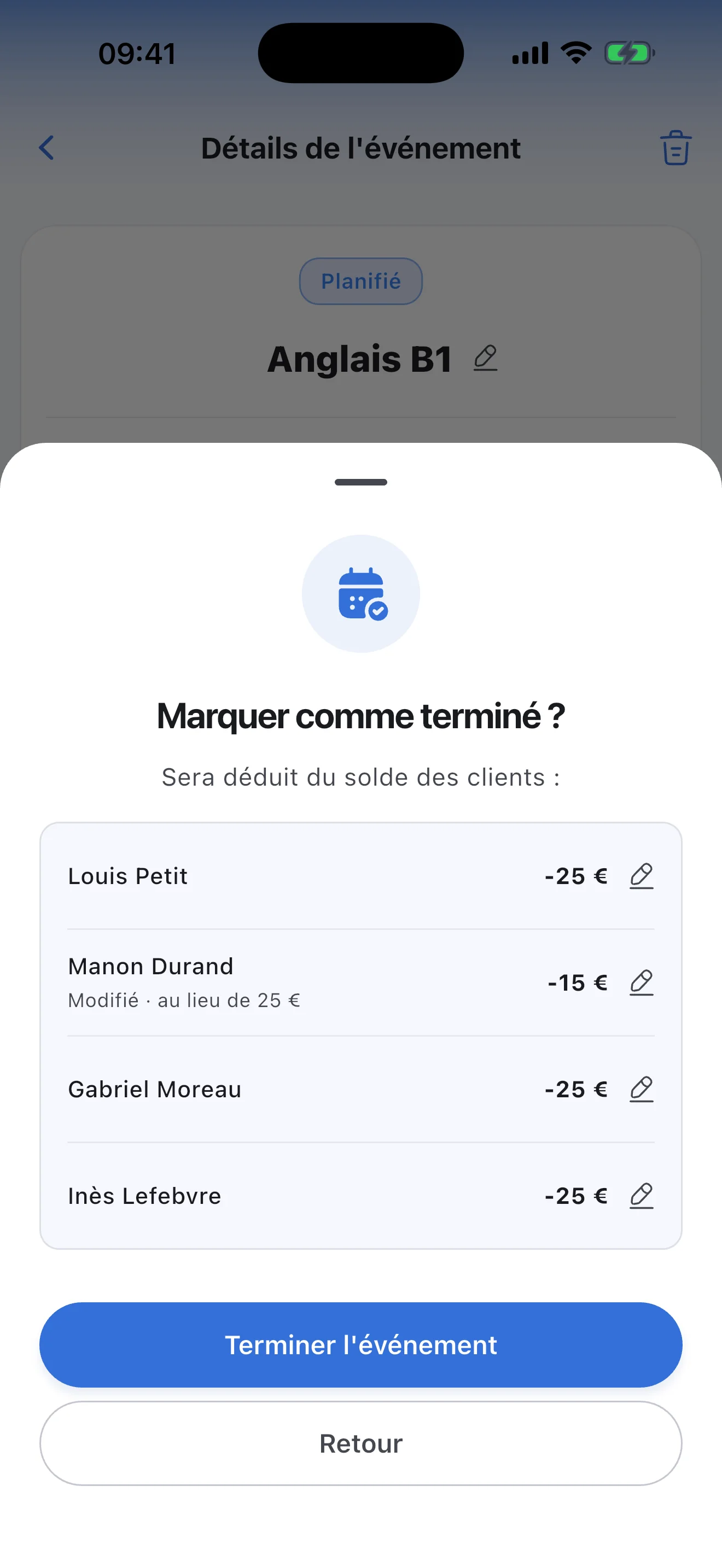 Terminer un cours collectif : un montant distinct pour chaque élève