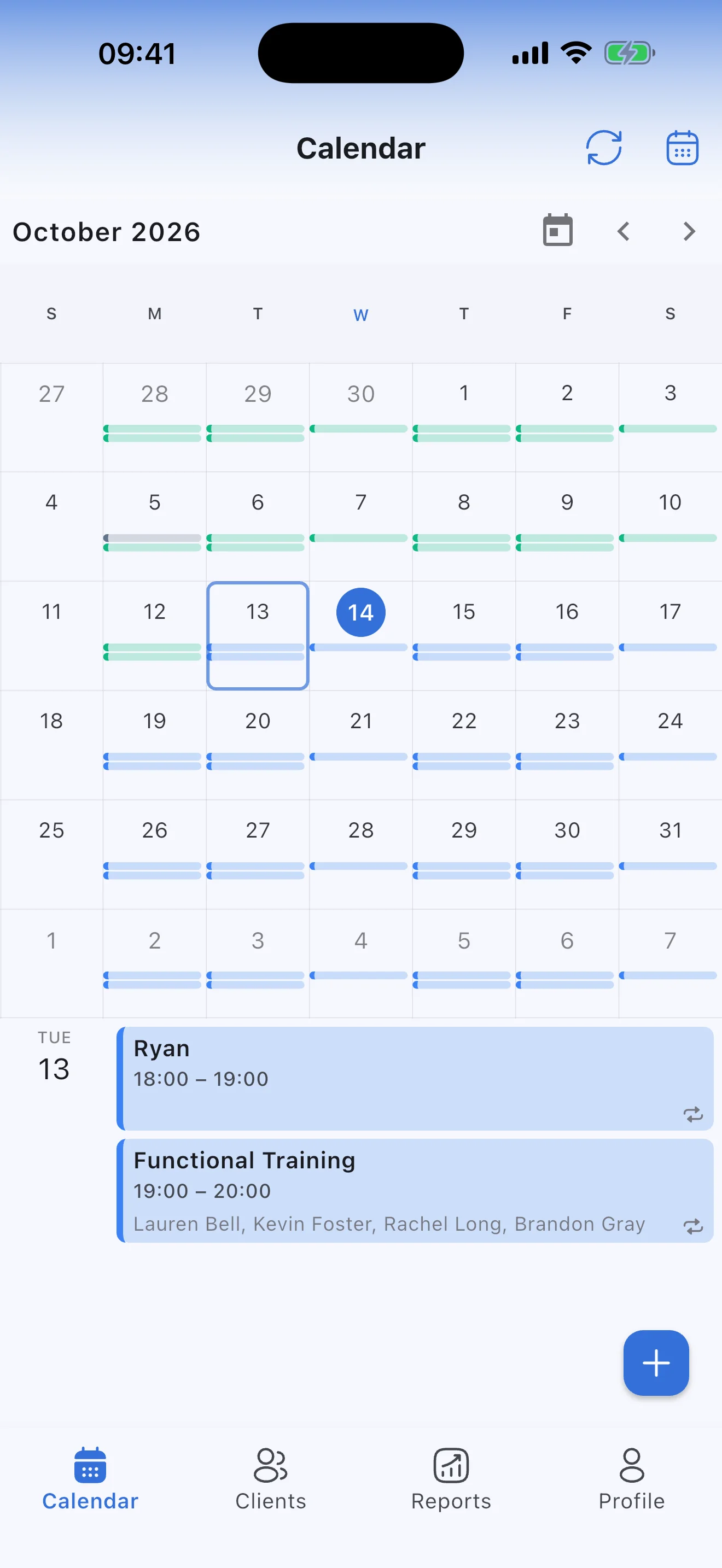 A trainer's month calendar in Syncoly: a personal session and a group class on the same day