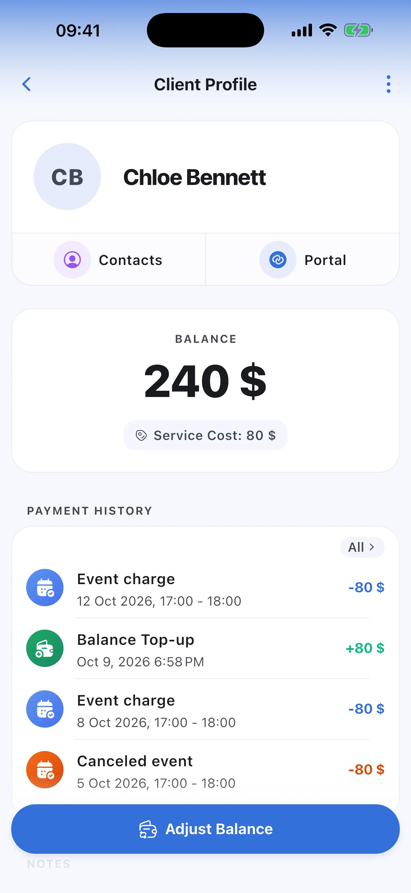 A client's profile in Syncoly: a prepaid balance, a top-up and session charges