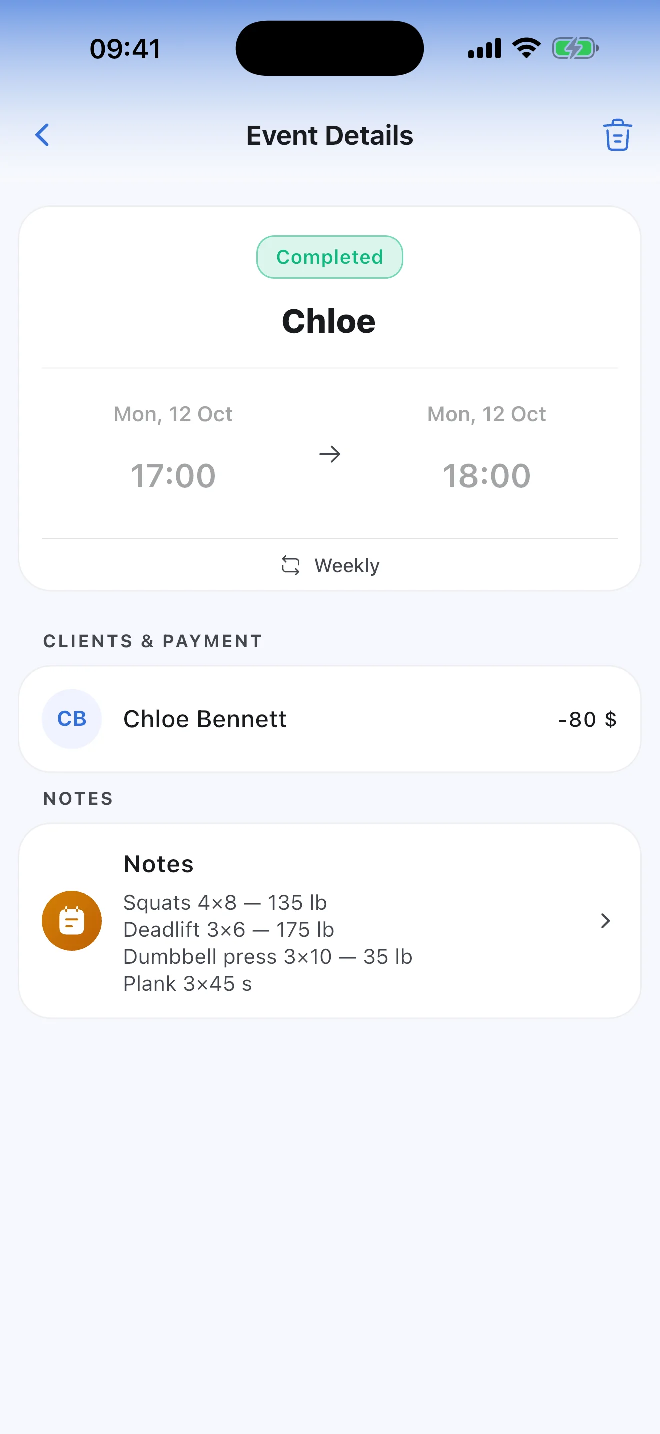 Notes on a completed session: exercises, sets and weights