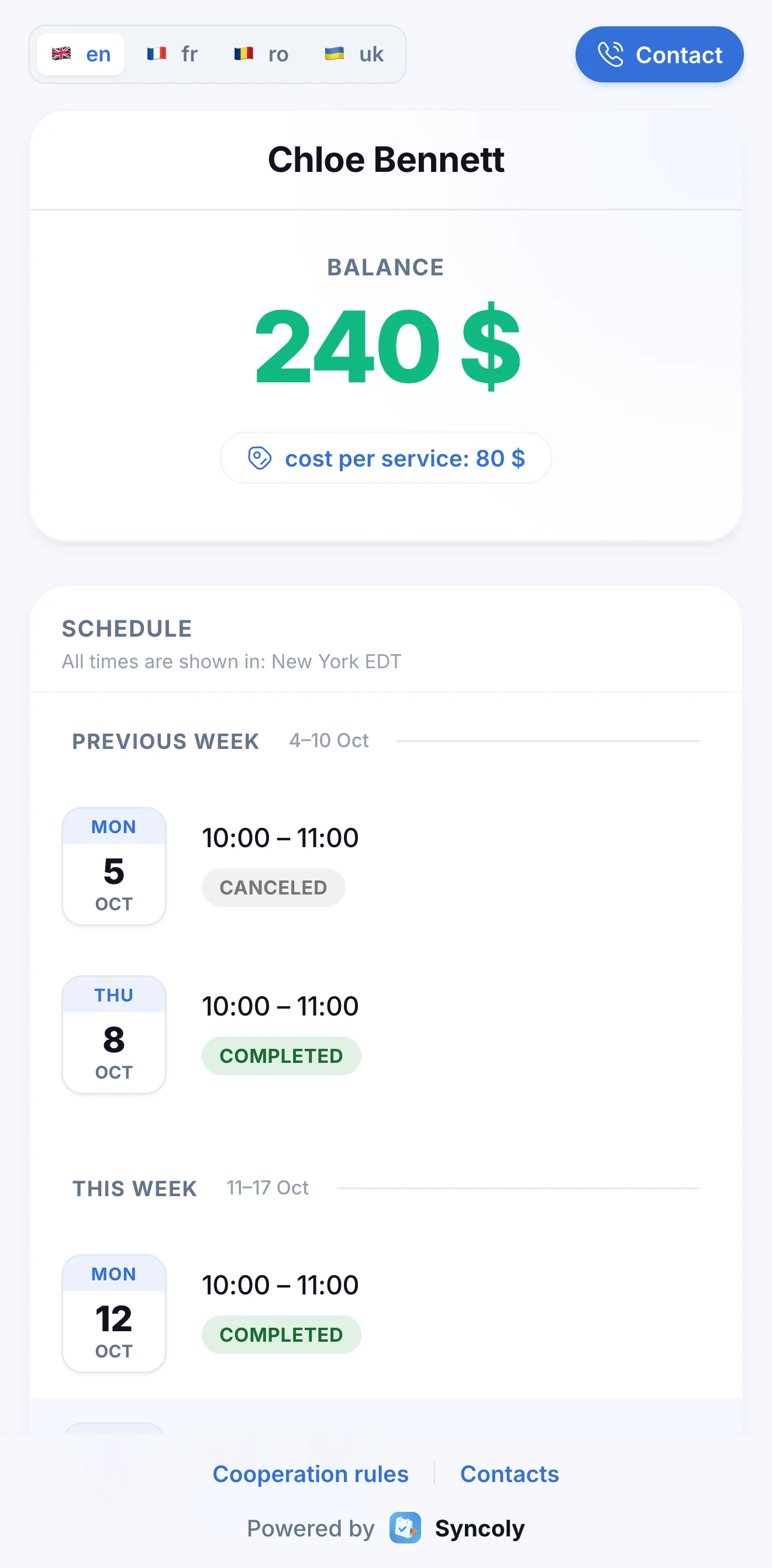 A client's portal: balance and session schedule
