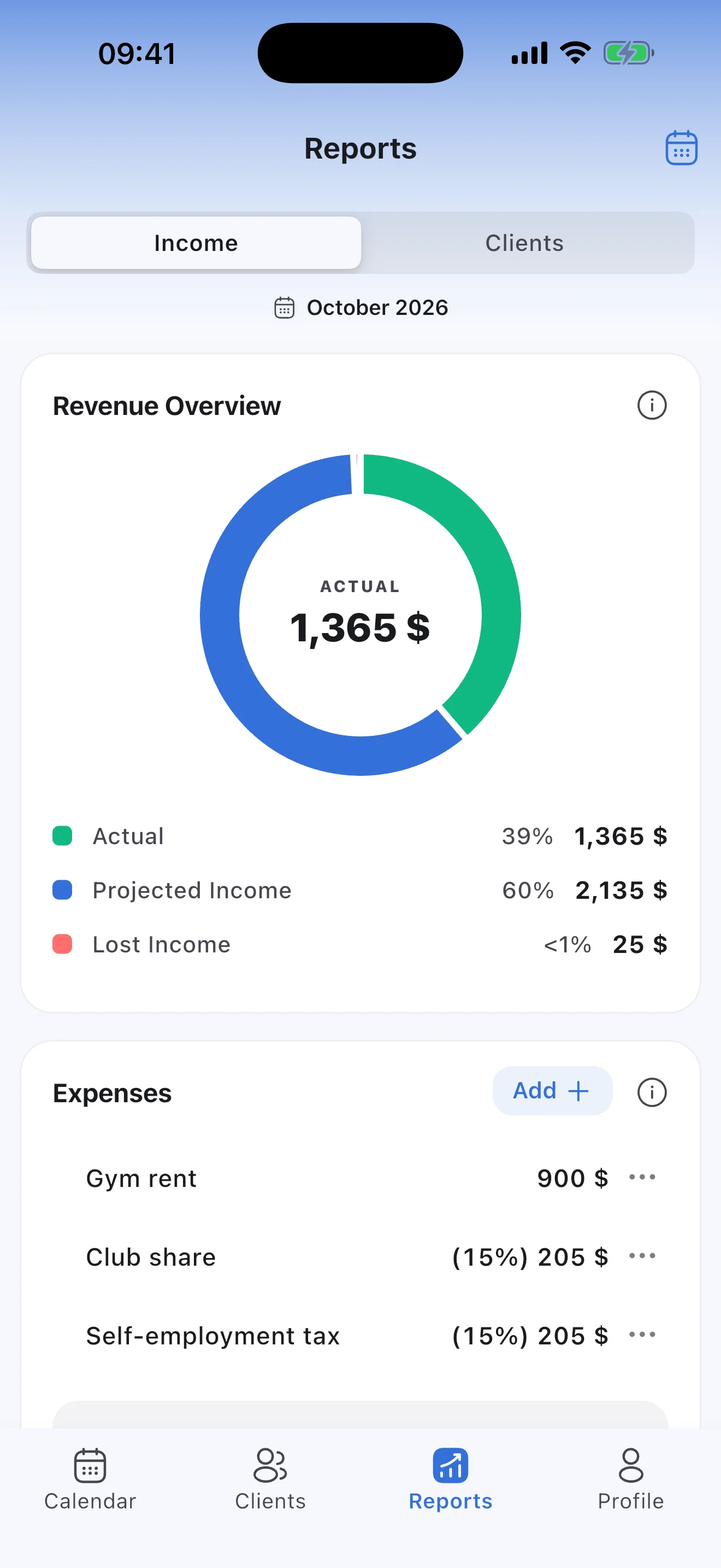 Income report: gym rent and the club's share among the month's expenses