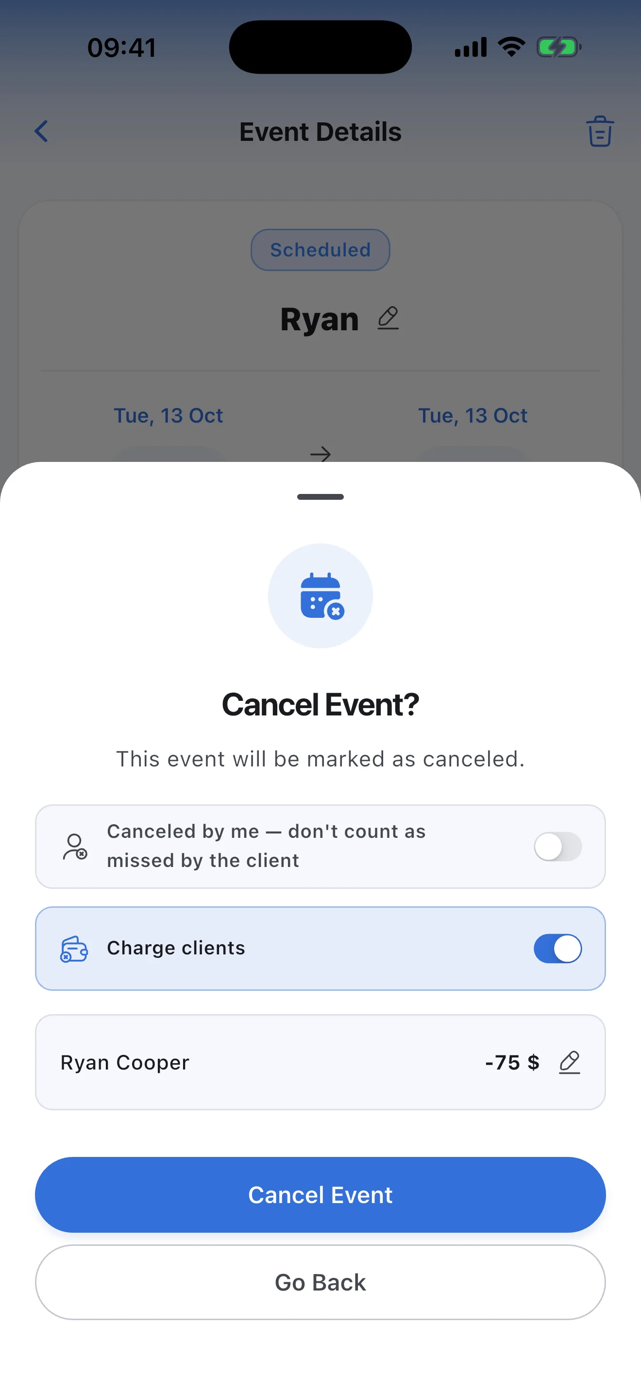Canceling a session in Syncoly: charging for a late cancellation