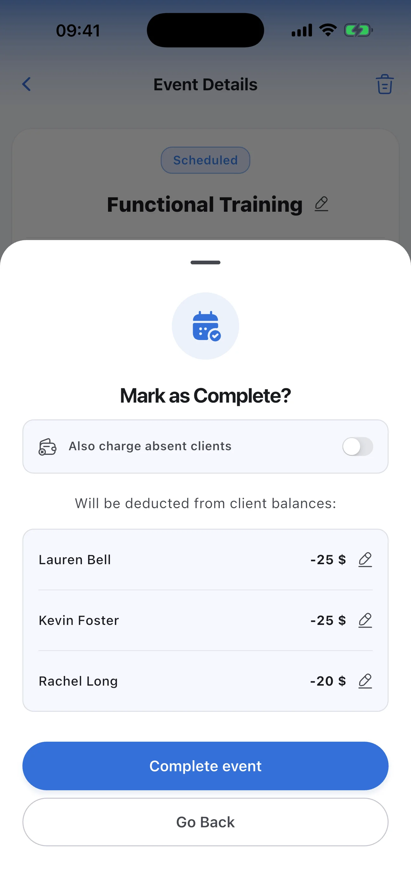 Completing a group class: each client's own amount and the option to charge absentees