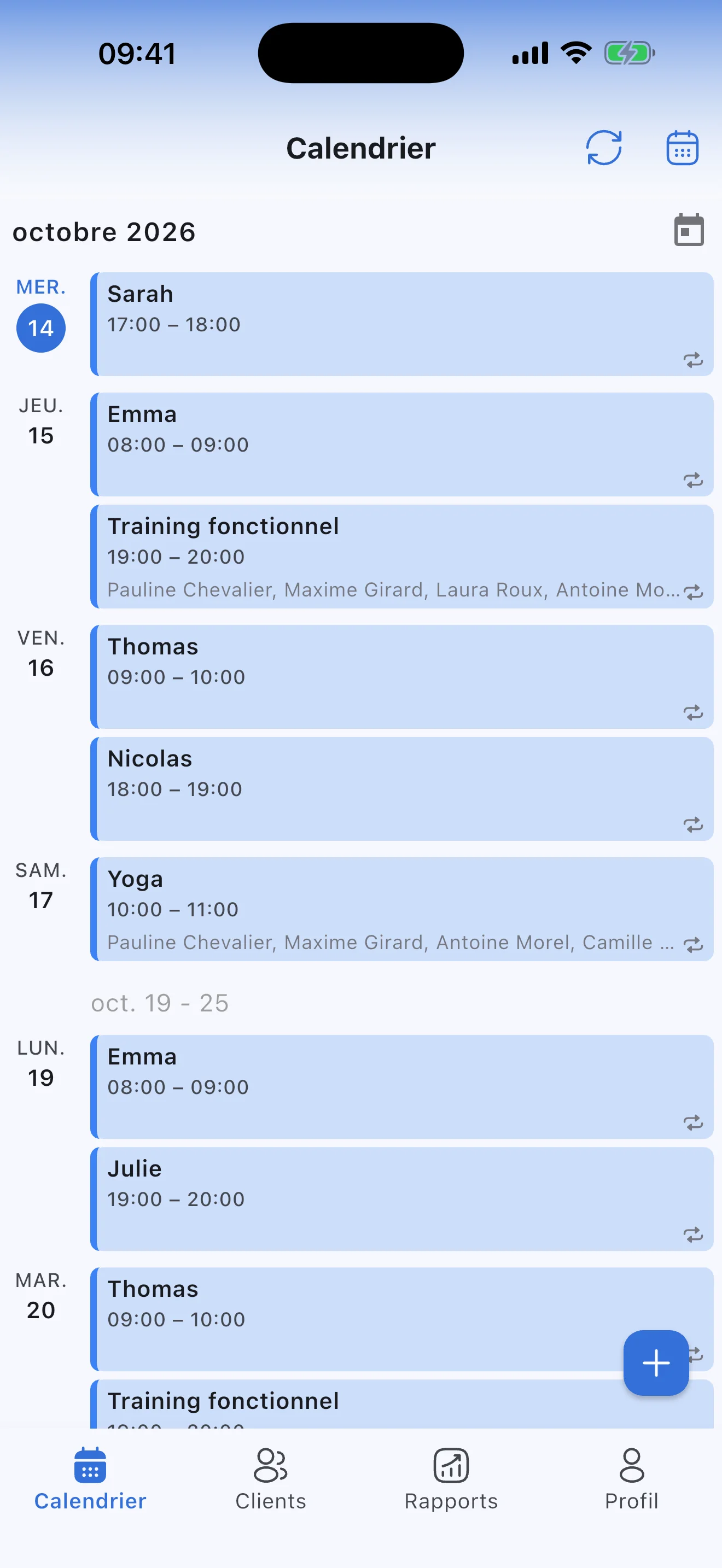 Le planning hebdomadaire d'un coach sportif dans Syncoly : séances individuelles et collectives