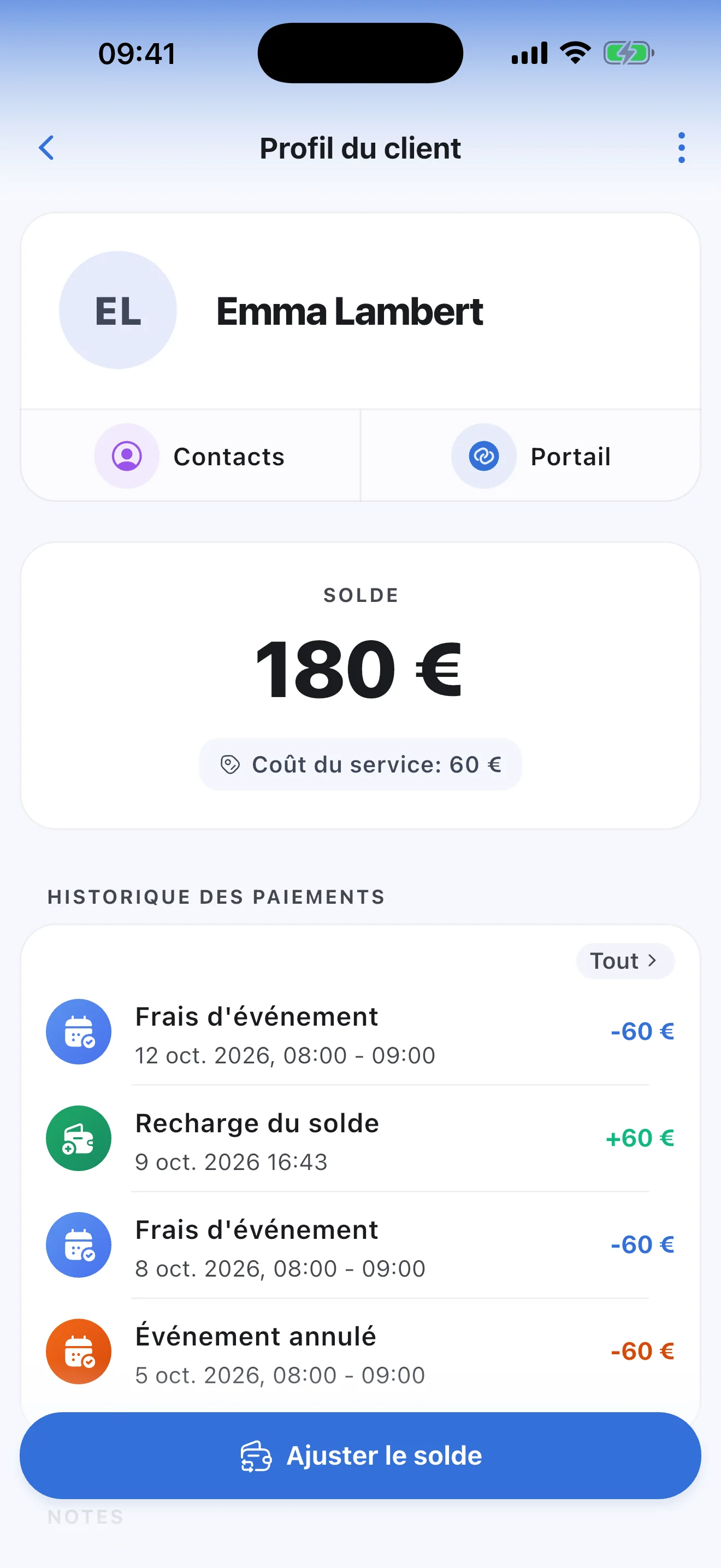 La fiche d'un client dans Syncoly : solde prépayé, recharge et débits des séances