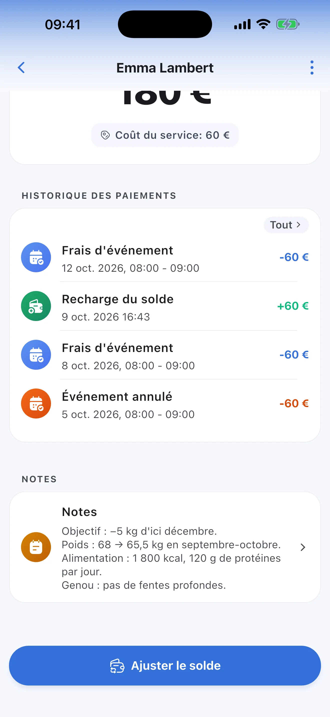 Notes sur la fiche du client : objectif, progression et alimentation