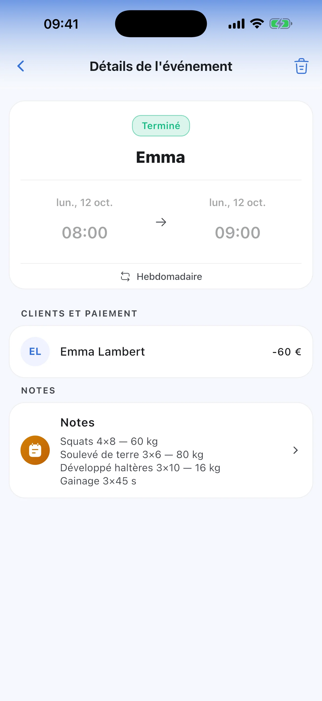 Notes d'une séance terminée : exercices, séries et charges