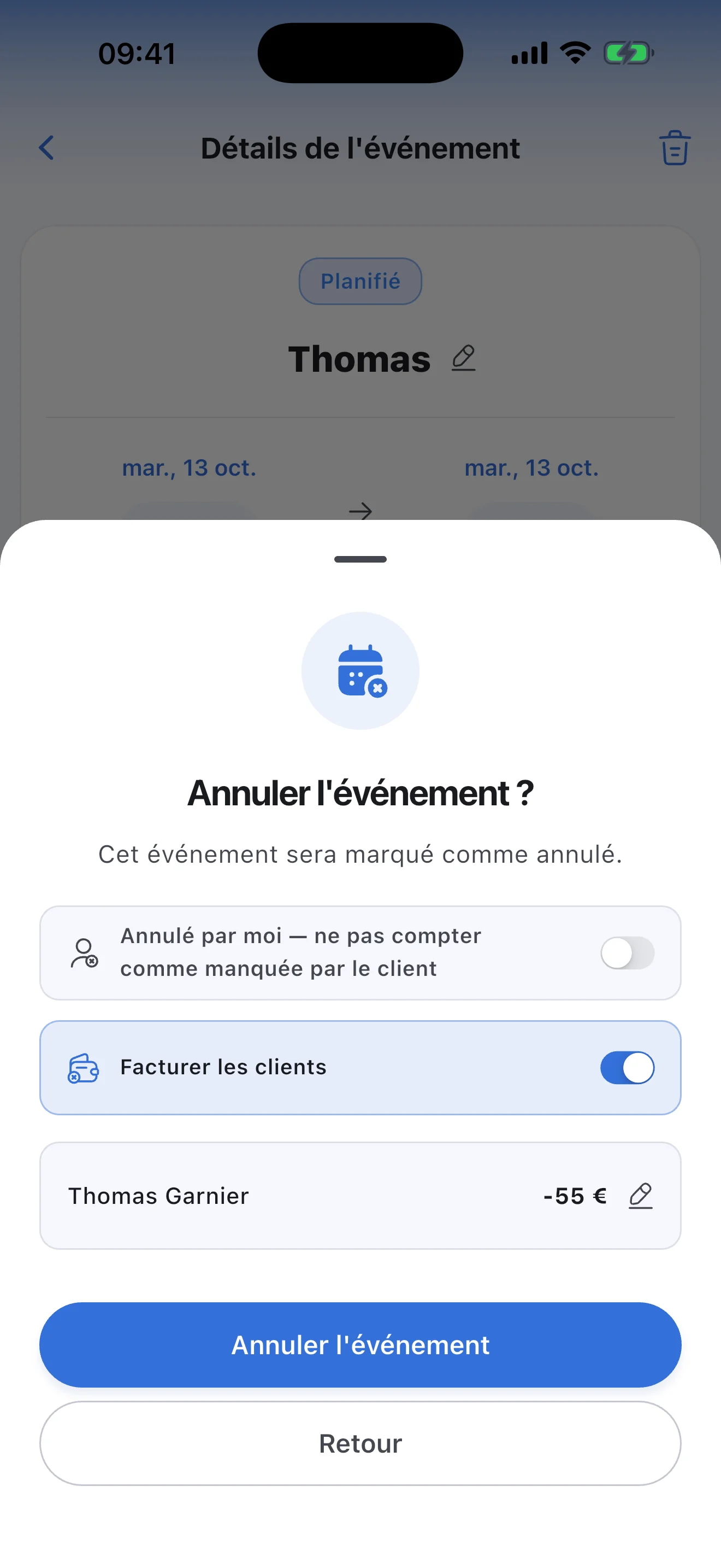 Annuler une séance dans Syncoly : facturer une annulation tardive