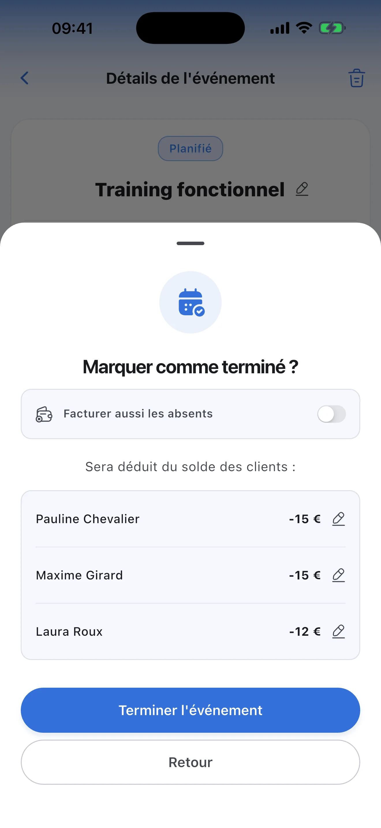 Terminer un cours collectif : le montant de chacun et le choix de facturer les absents