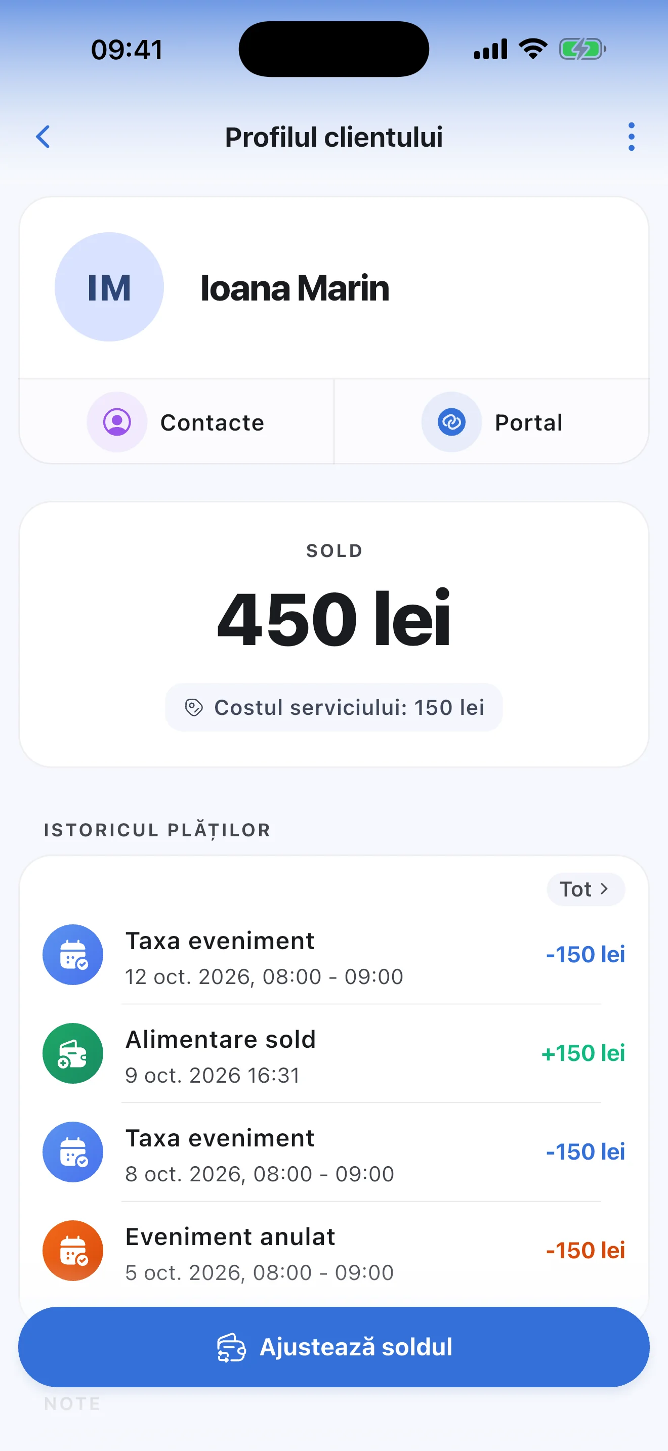 Profilul unui client în Syncoly: sold plătit în avans, o alimentare și debitările antrenamentelor