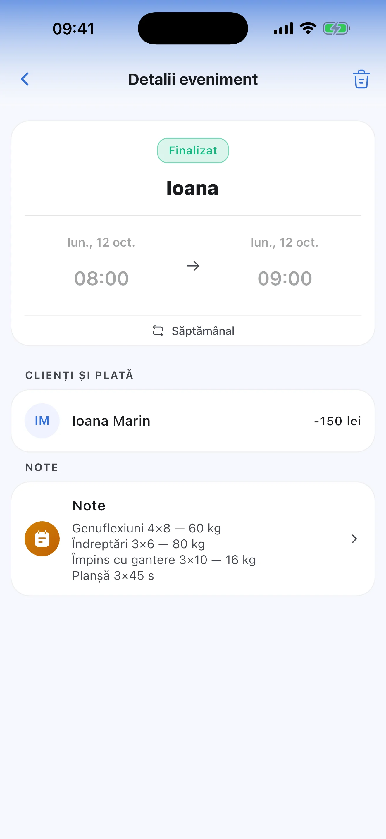 Notițe la un antrenament finalizat: exerciții, serii și greutăți