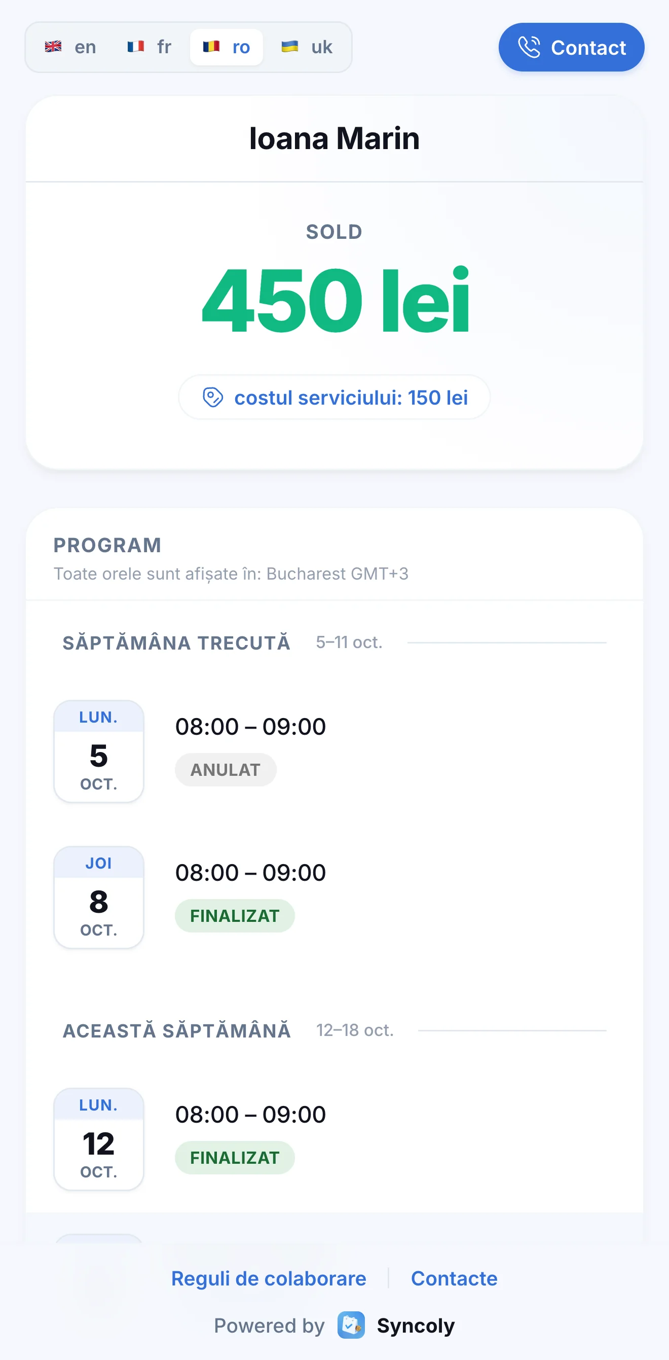 Portalul unui client: sold și programul antrenamentelor
