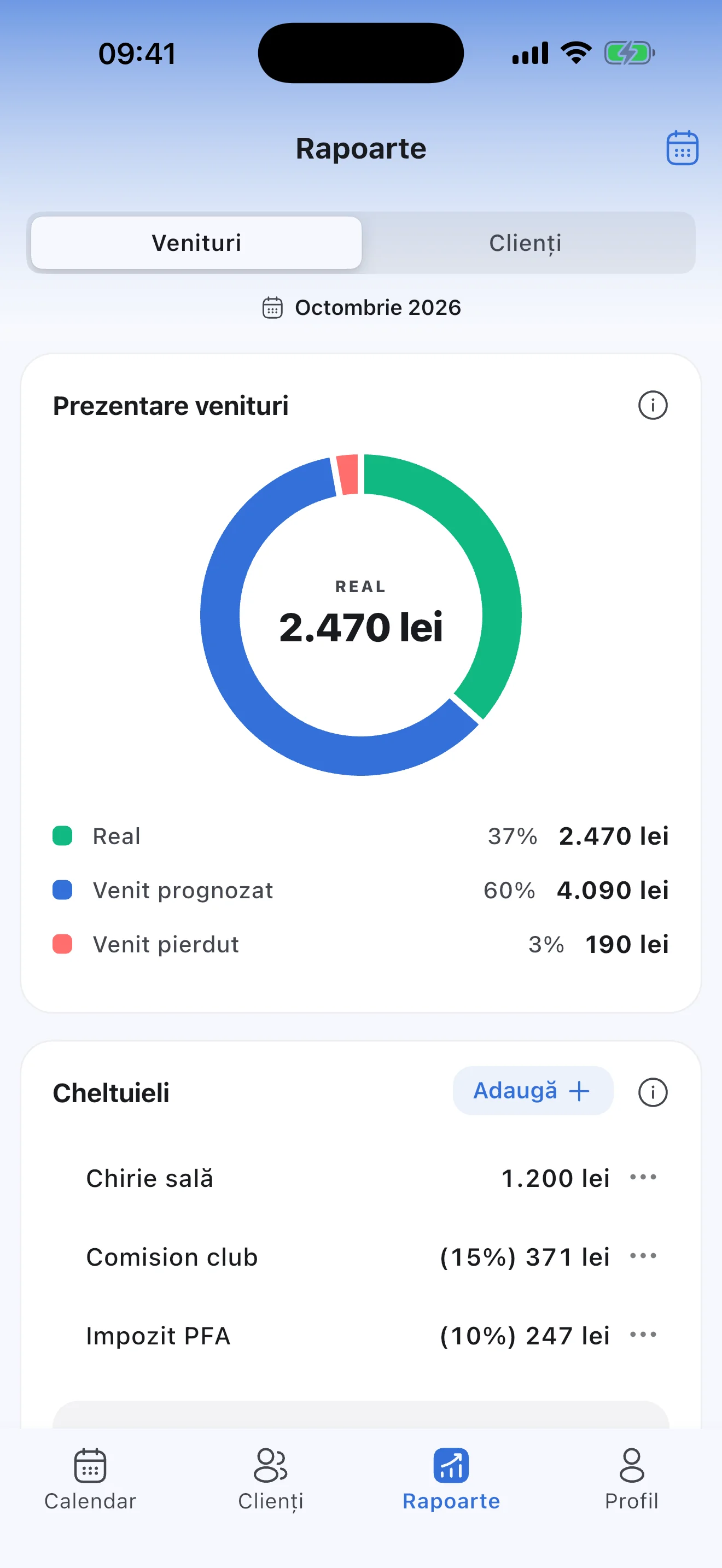 Raportul de venituri: chiria sălii și comisionul clubului printre cheltuielile lunii