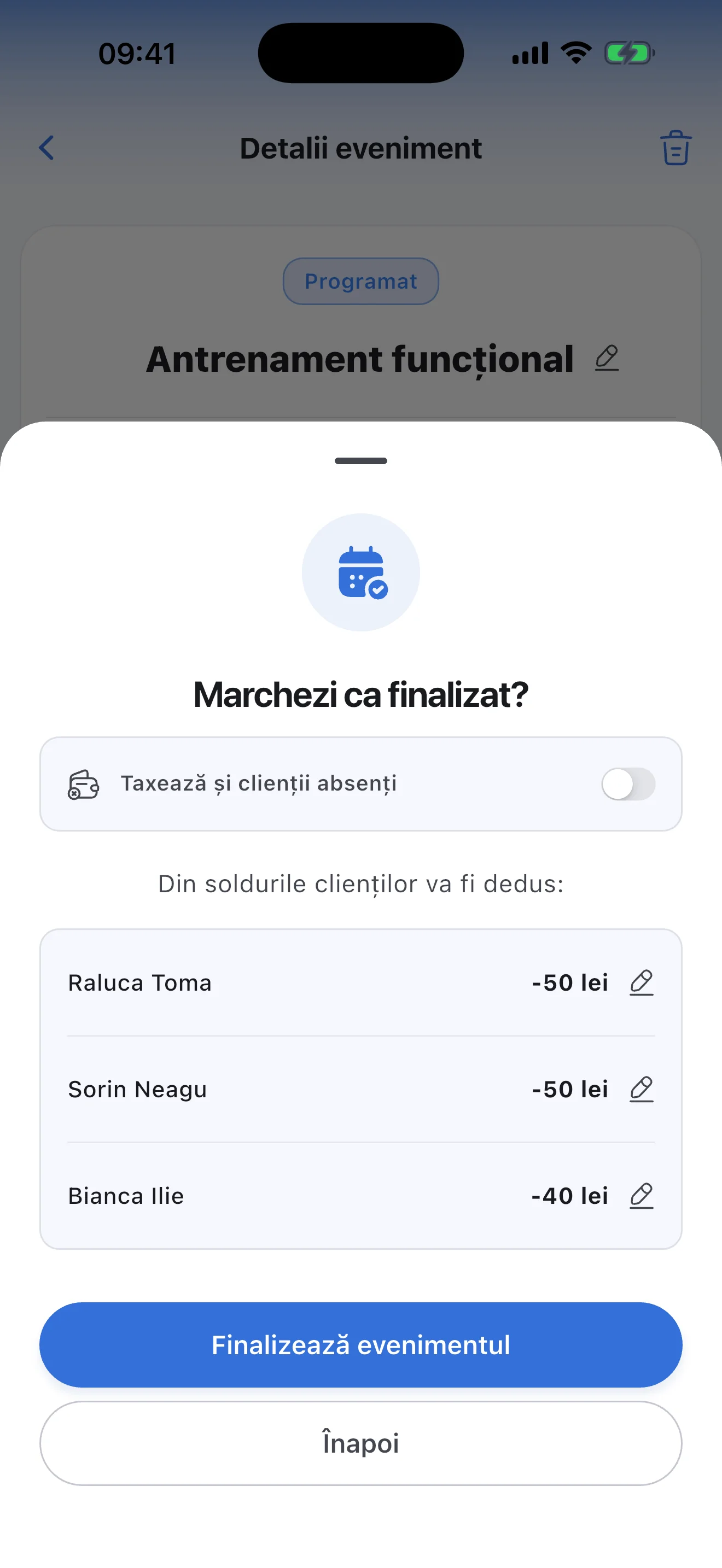 Finalizarea unui antrenament de grup: suma fiecăruia și opțiunea de a taxa absenții