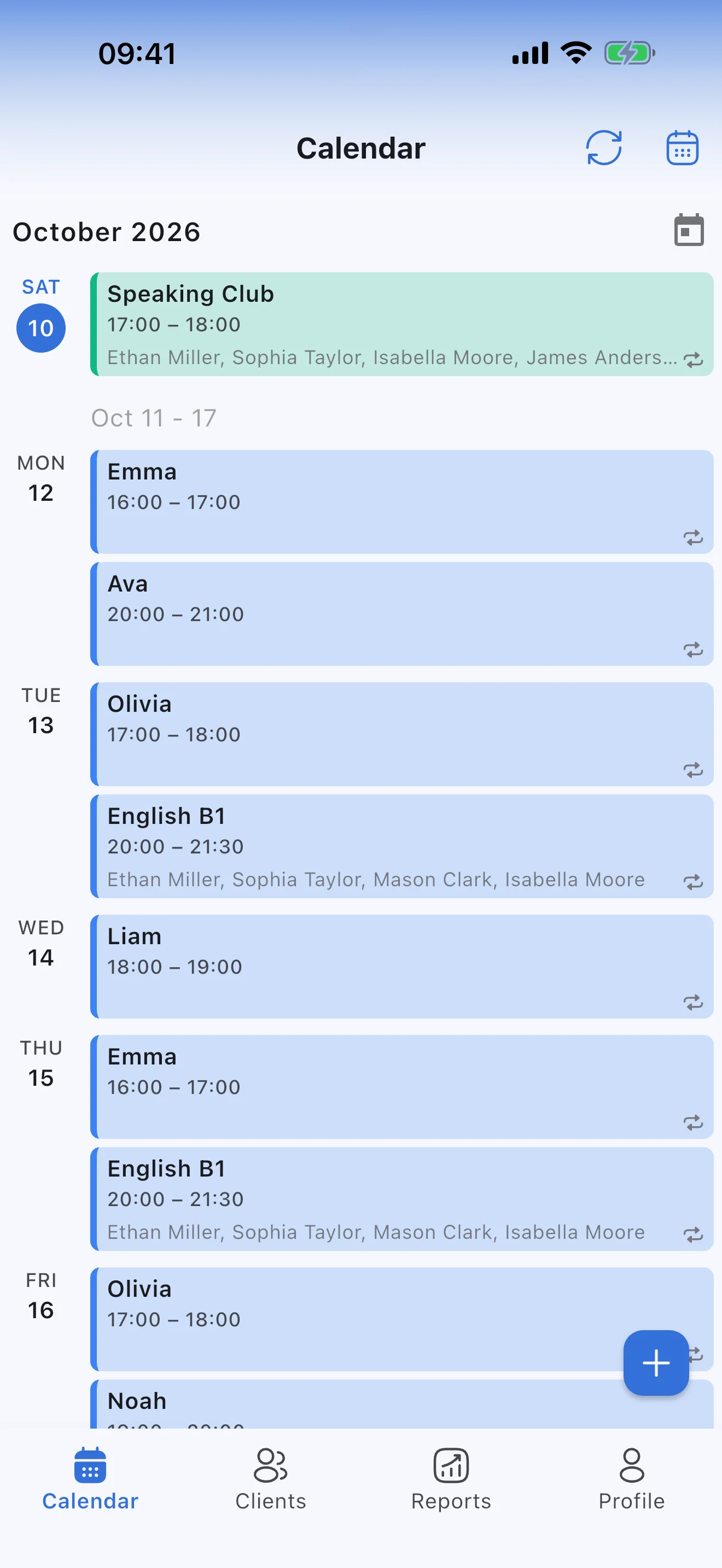 A tutor's weekly lesson schedule in Syncoly