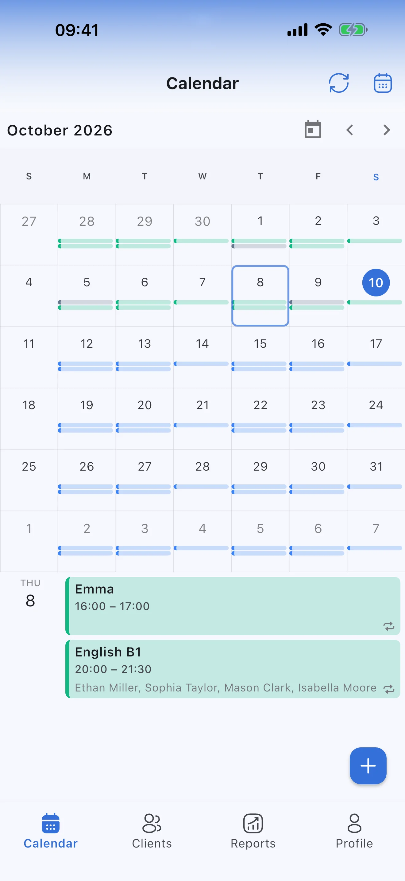 A tutor's month calendar in Syncoly with a group lesson that repeats every week