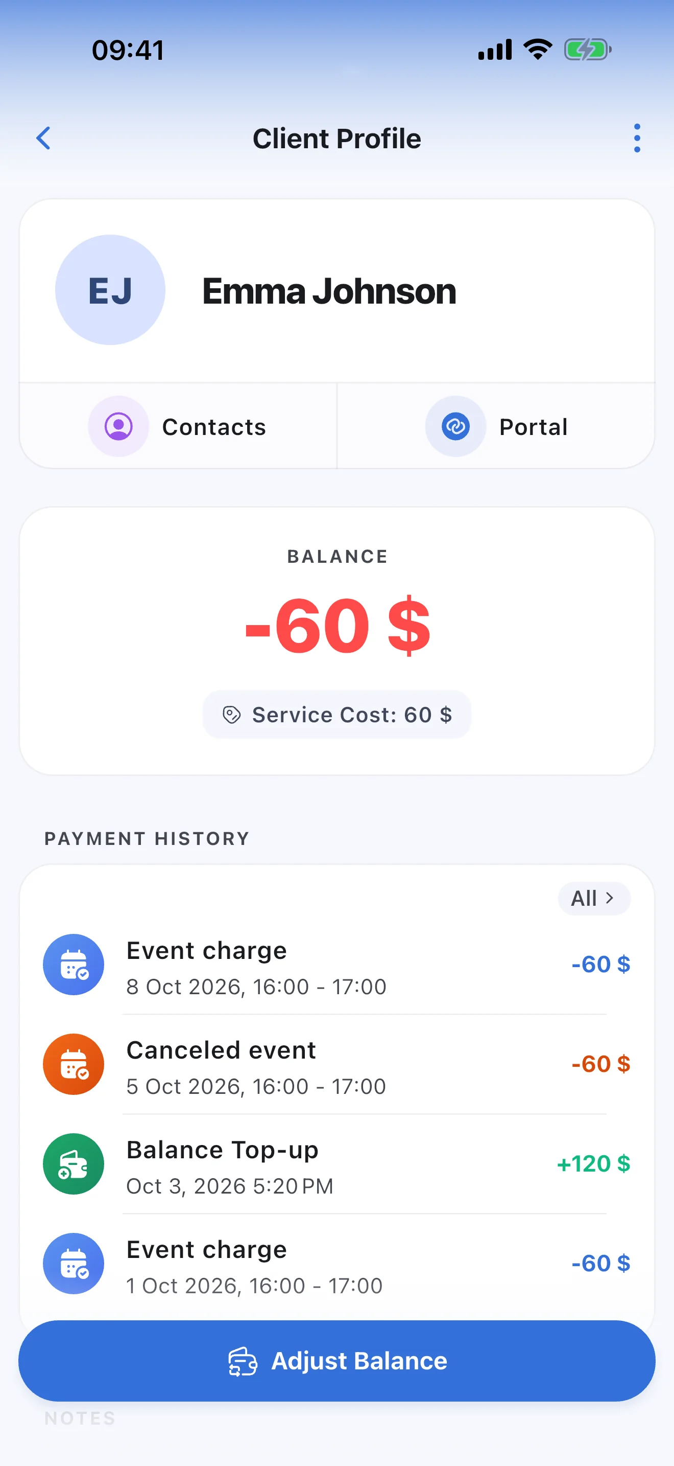 A student's profile in Syncoly: balance, lesson price and payment history