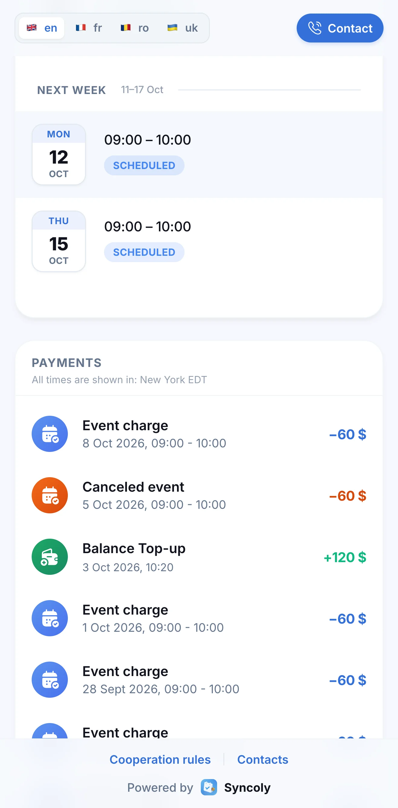 Payment history on the portal: lesson charges and a balance top-up