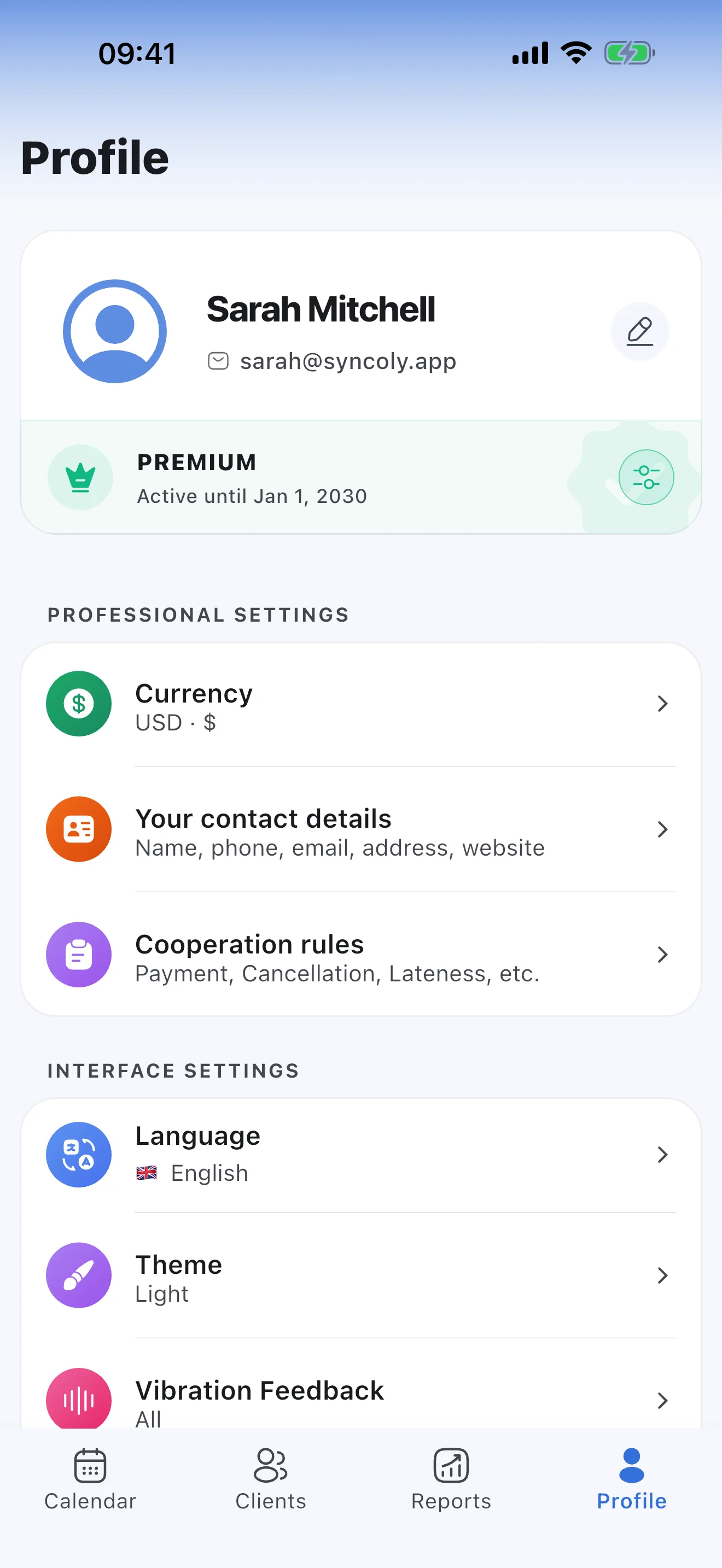 Professional settings in Syncoly: contact details and cooperation rules