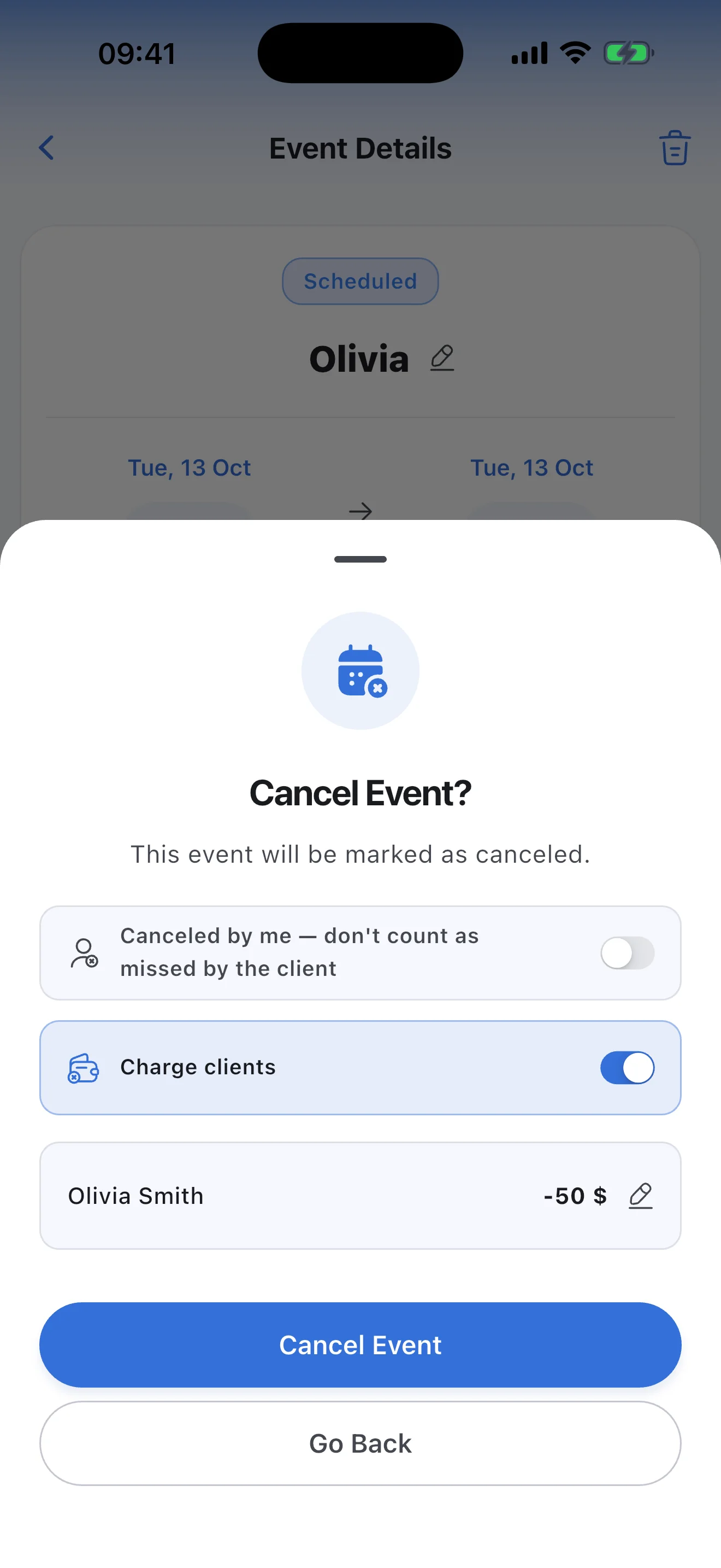 Canceling a lesson in Syncoly: charging for a late cancellation