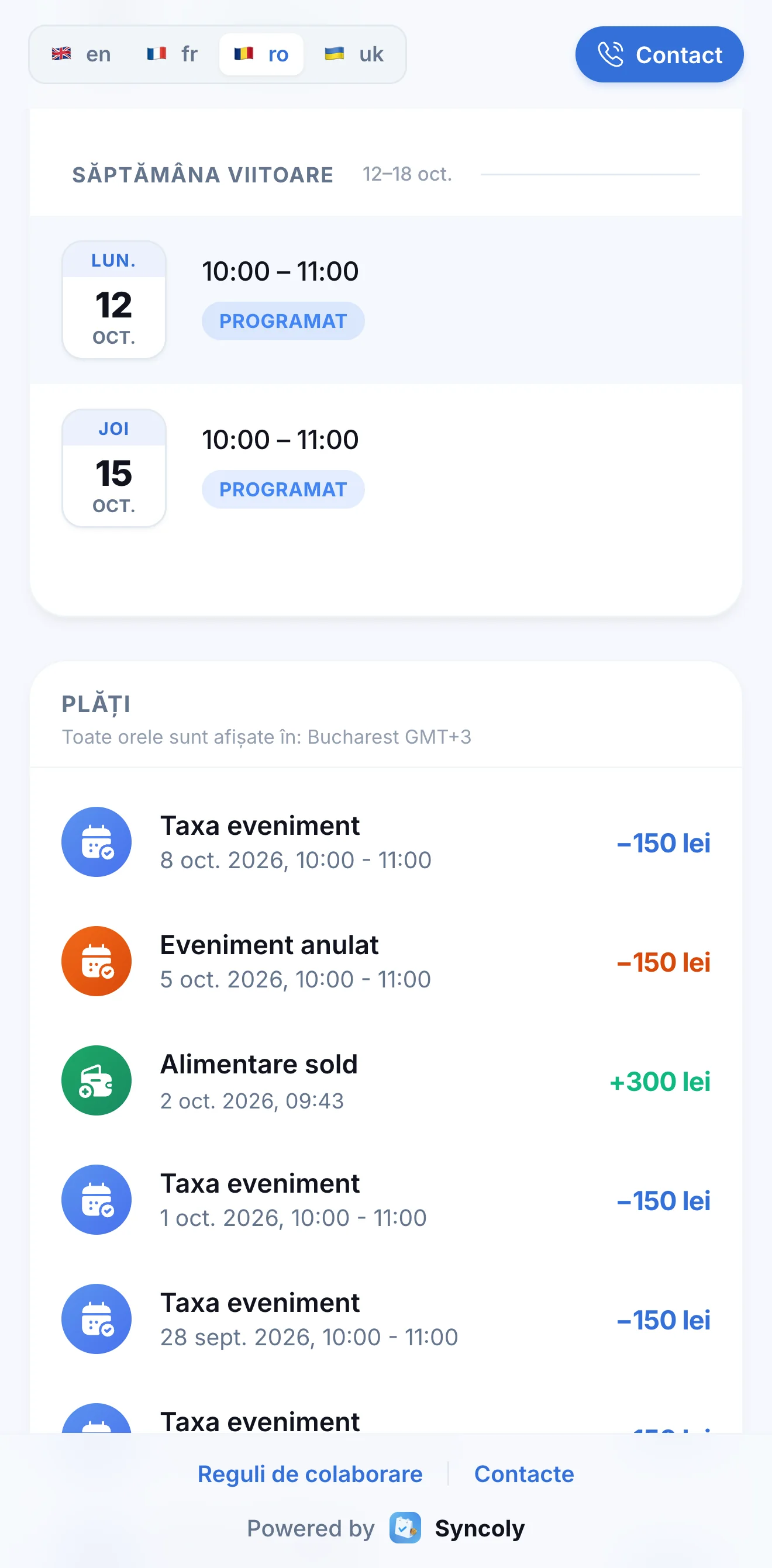 Istoricul plăților pe portal: debitări pentru meditații și o alimentare a soldului